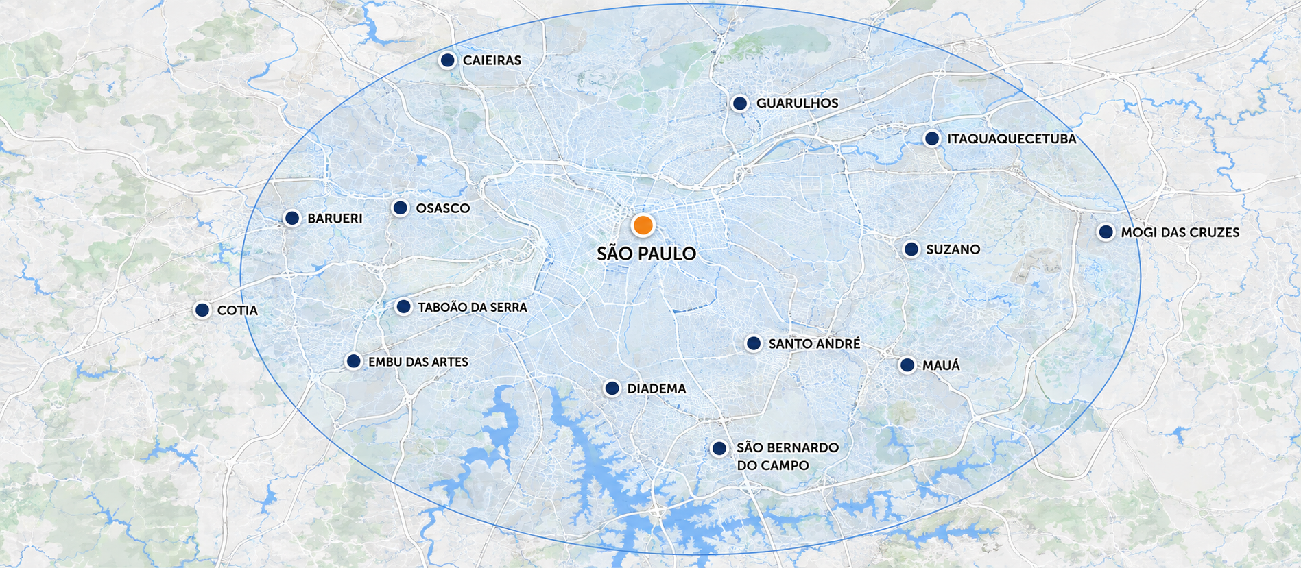 Mapa da área de cobertura na Grande São Paulo